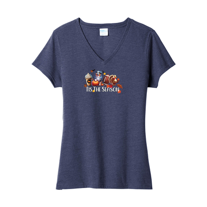 Blue Merle Aussie Tis The Season Fall V-Neck Tee SS - WagALotBowWow