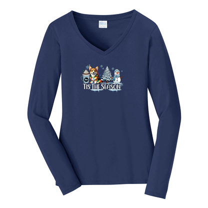 Pembroke Welsh Corgi Tis The Season Winter Port & Company® Ladies Long Sleeve Fan Favorite™ V-Neck Tee LPC450VLS - WagALotBowWow