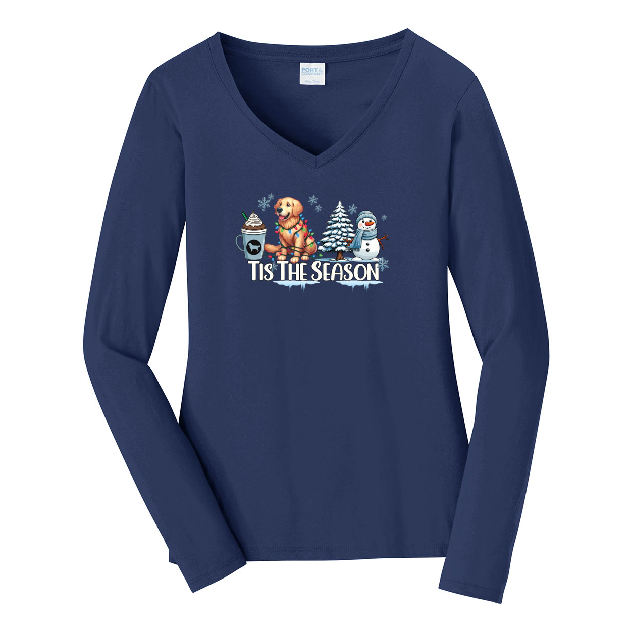 Golden Tis The Season Winter Port & Company® Ladies Long Sleeve Fan Favorite™ V-Neck Tee LPC450VLS - WagALotBowWow