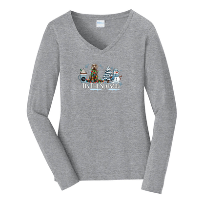Weimaraner Tis The Season Winter Port & Company® Ladies Long Sleeve Fan Favorite™ V-Neck Tee LPC450VLS - WagALotBowWow