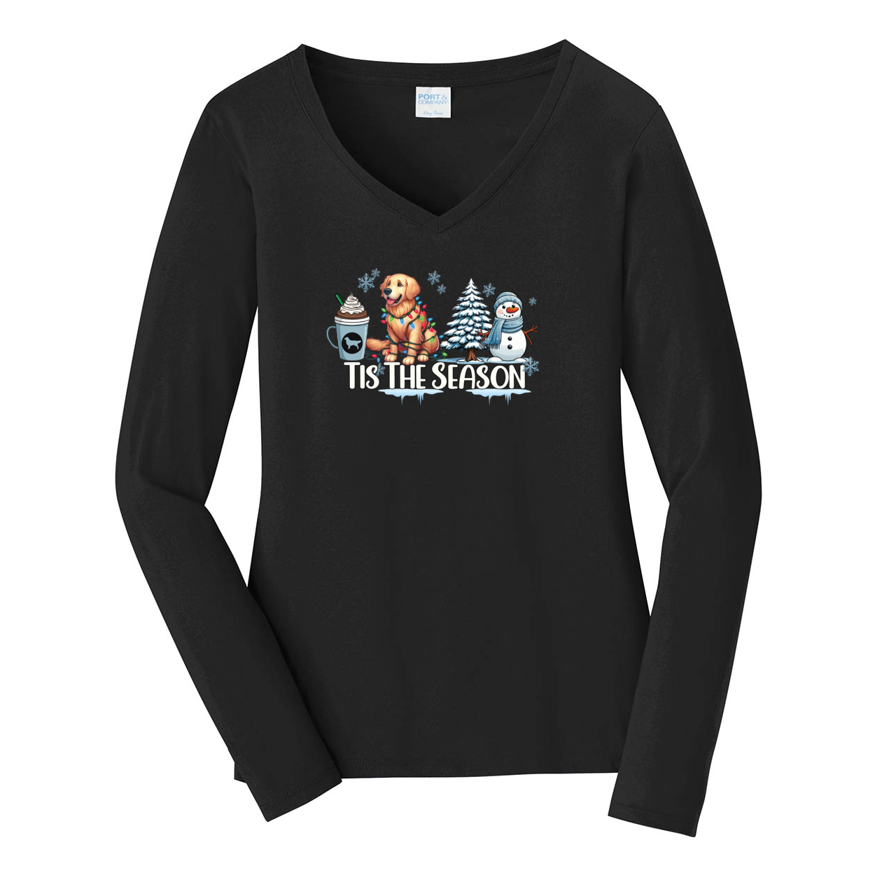 Golden Tis The Season Winter Port & Company® Ladies Long Sleeve Fan Favorite™ V-Neck Tee LPC450VLS - WagALotBowWow