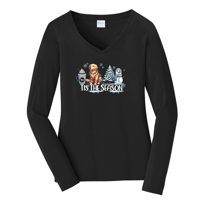 Golden Tis The Season Winter Port & Company® Ladies Long Sleeve Fan Favorite™ V-Neck Tee LPC450VLS - WagALotBowWow