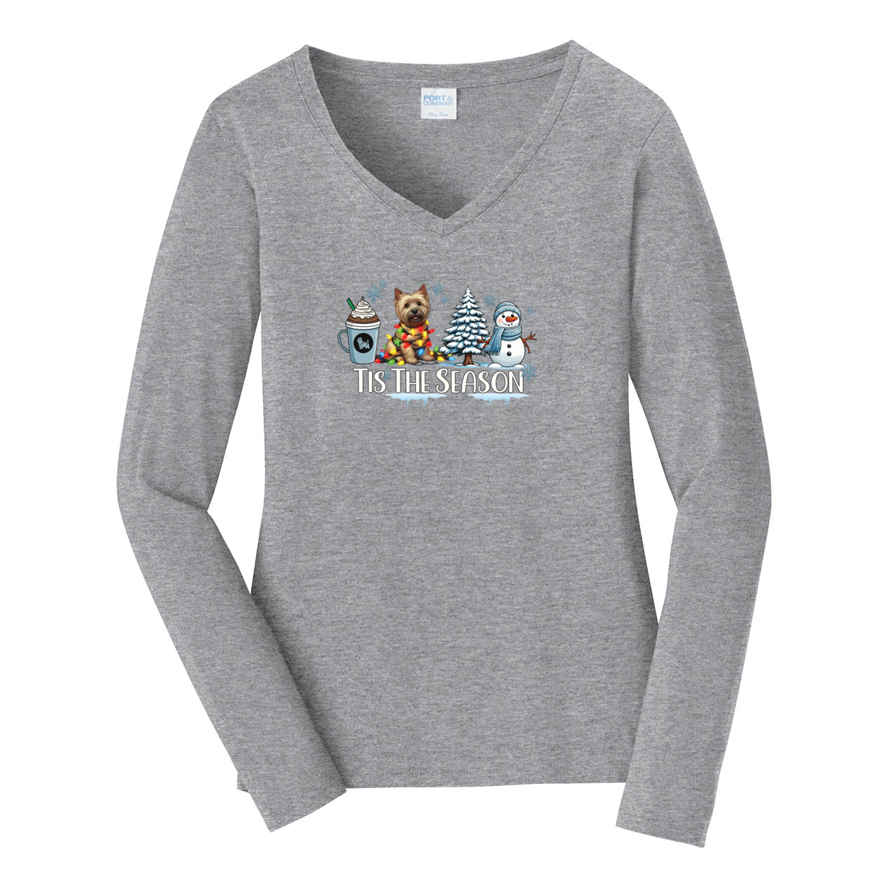 Cairn Terrier Tis The Season Winter Port & Company® Ladies Long Sleeve Fan Favorite™ V-Neck Tee LPC450VLS - WagALotBowWow