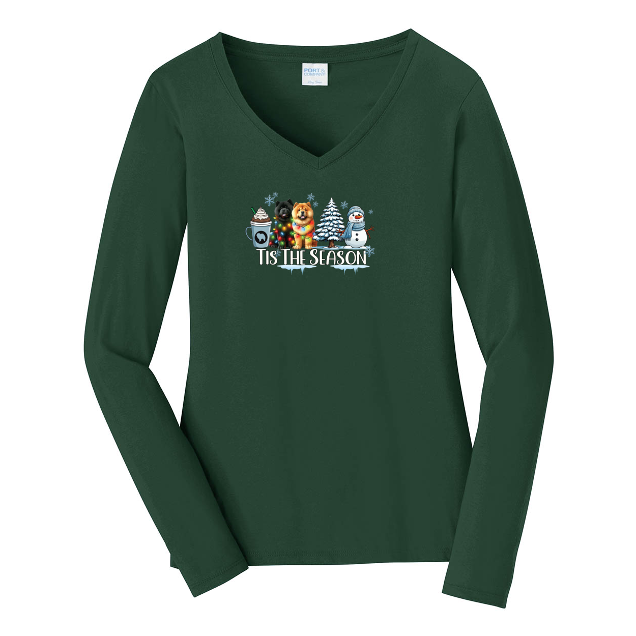Chow Chow Tis The Season Winter Port & Company® Ladies Long Sleeve Fan Favorite™ V-Neck Tee LPC450VLS - WagALotBowWow