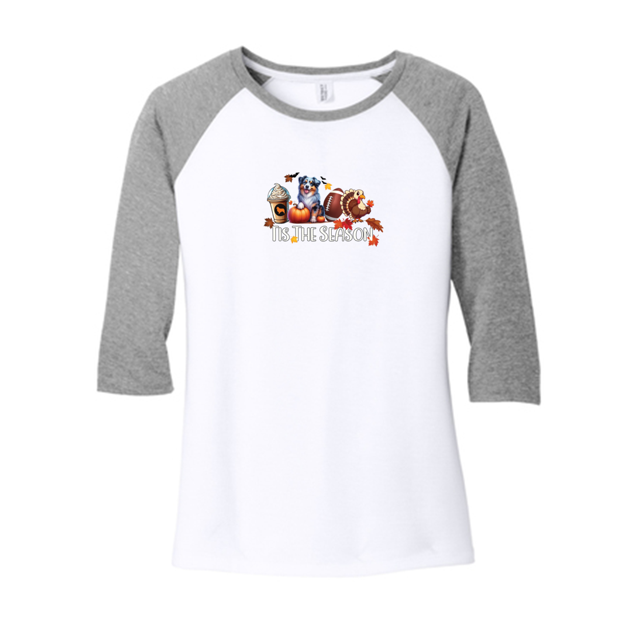 Blue Merle Australian Shepherd Tis The Season Fall 3/4-Sleeve Raglan - WagALotBowWow