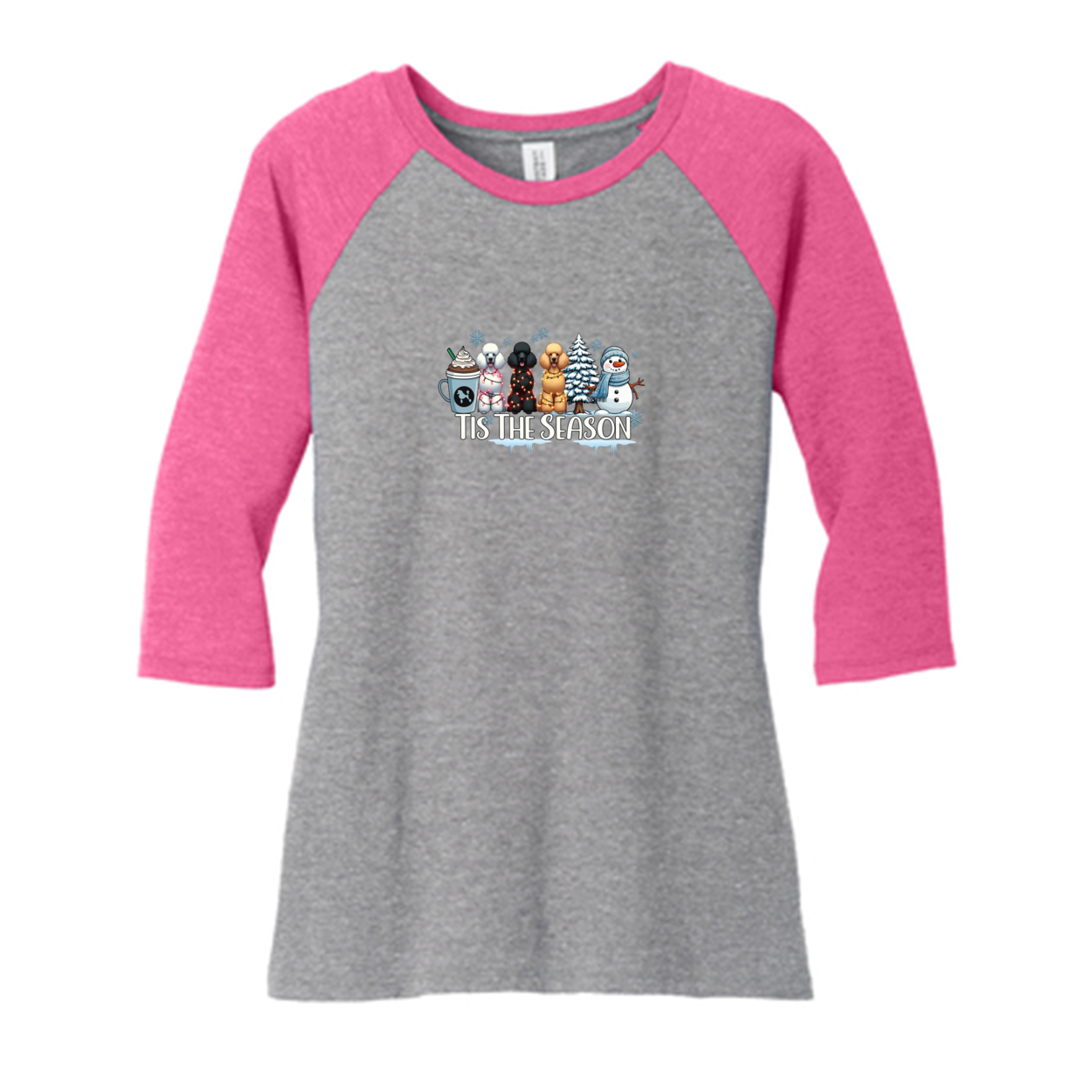 Poodle Tis The Season Winter DM136L District ® Women’s Perfect Tri ® 3/4-Sleeve Raglan - WagALotBowWow