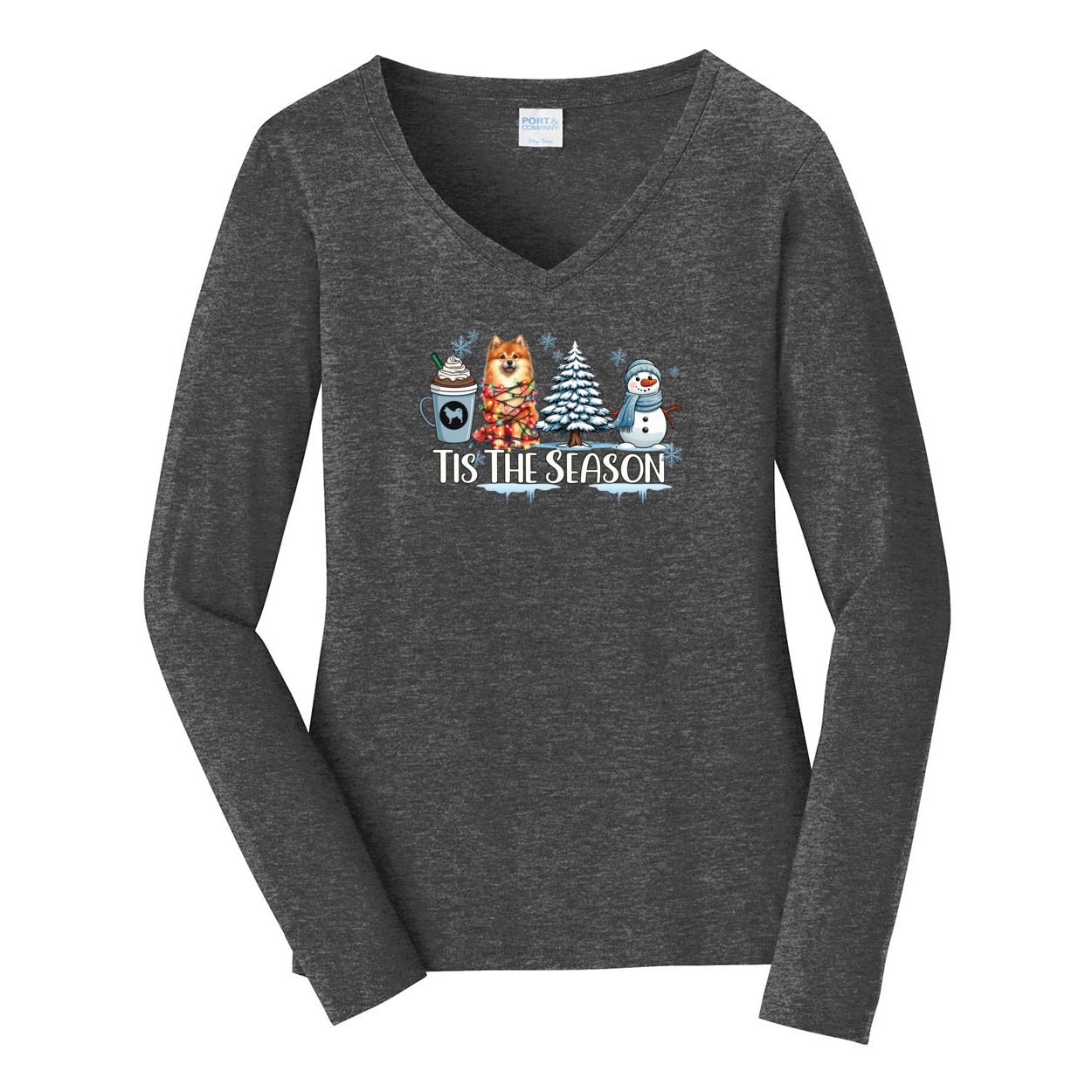 Finnish Spitz Tis The Season Winter Port & Company® Ladies Long Sleeve Fan Favorite™ V-Neck Tee LPC450VLS - WagALotBowWow