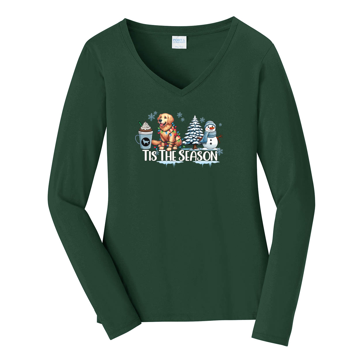 Golden Tis The Season Winter Port & Company® Ladies Long Sleeve Fan Favorite™ V-Neck Tee LPC450VLS - WagALotBowWow