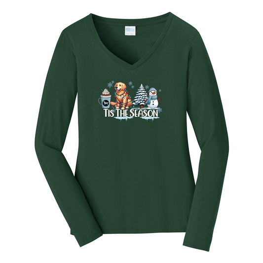 Golden Tis The Season Winter Port & Company® Ladies Long Sleeve Fan Favorite™ V-Neck Tee LPC450VLS - WagALotBowWow