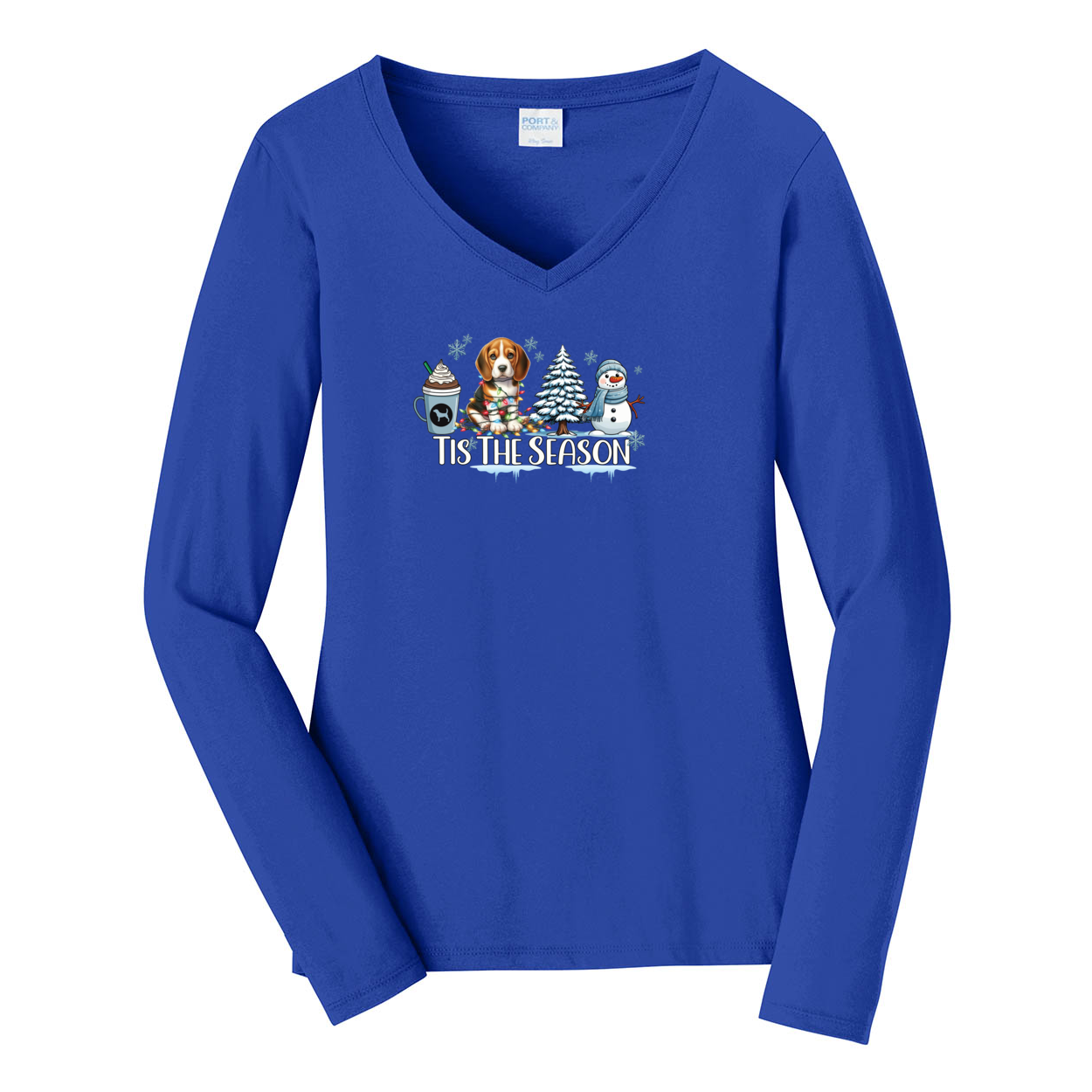 Beagle Tis The Season Winter Port & Company® Ladies Long Sleeve Fan Favorite™ V-Neck Tee LPC450VLS - WagALotBowWow