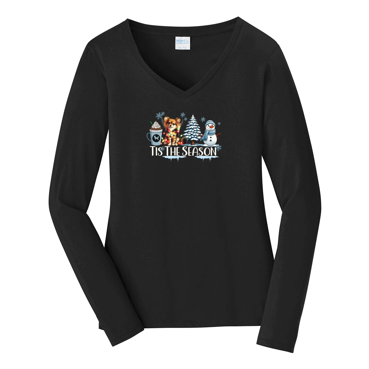 Russian Toy Tis The Season Winter Ladies Long Sleeve V-Neck Tee - WagALotBowWow