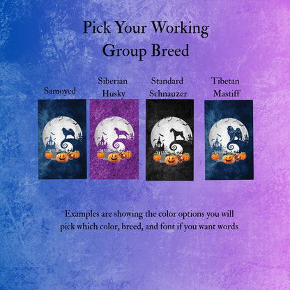 A promotional graphic with the heading 'Pick Your Working Group Breed' and four small color-option panels labeled Samoyed, Siberian Husky, Standard Schnauzer, and Tibetan Mastiff. The panels show black cat silhouettes over a haunted-house moon scene with pumpkins, and the overall background is blue to purple textured.
