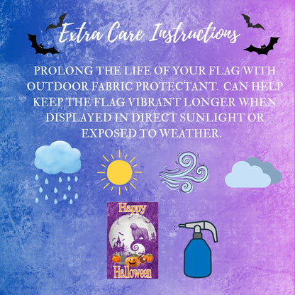 A promotional graphic with the heading 'Extra Care Instructions' and text about protecting a flag from outdoor fabric protectant and weather. The design has a blue-to-purple textured background with Halloween-themed icons including bats, clouds, rain, sun, wind, a purple 'Happy Halloween' card, and a blue spray bottle.
