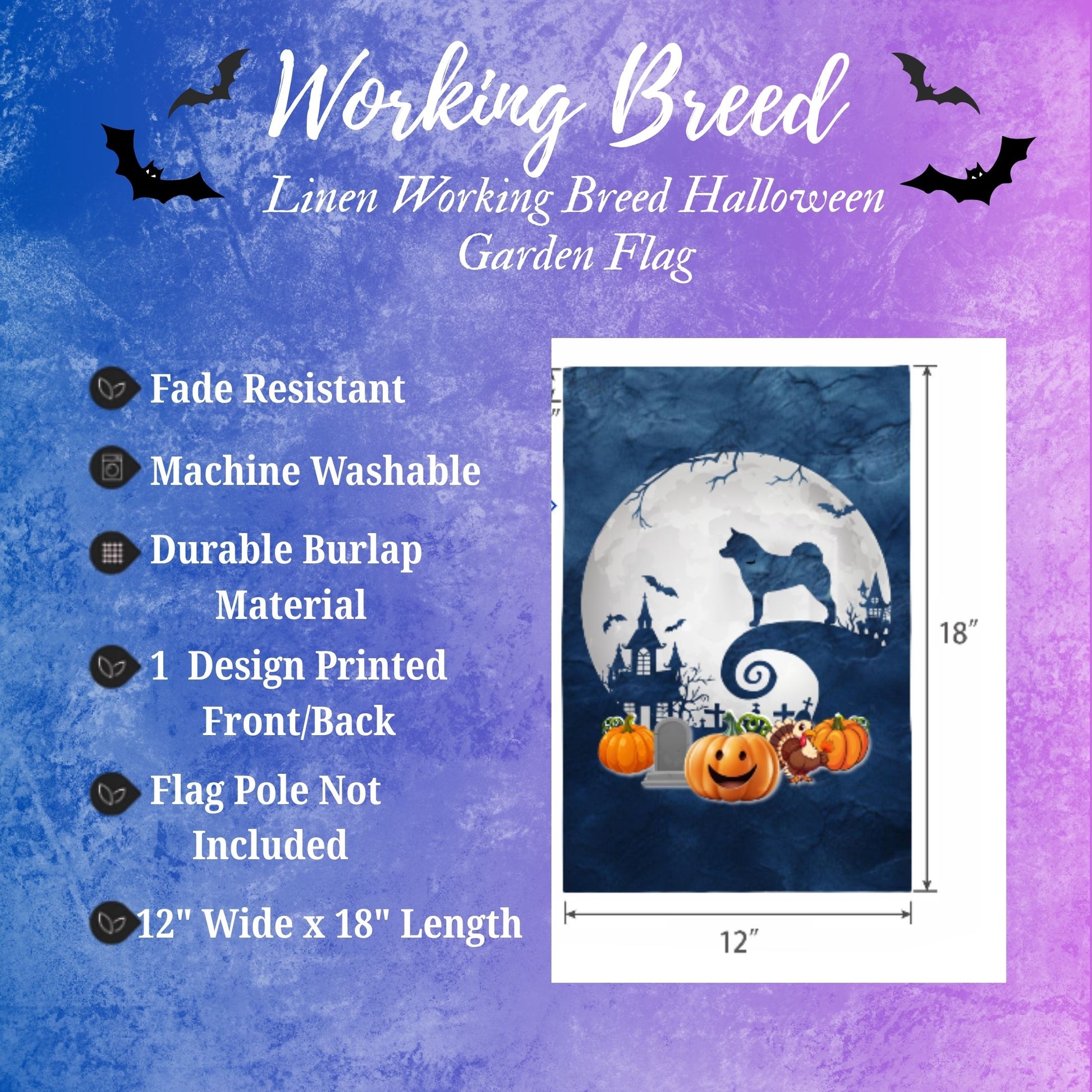 A promotional graphic for a linen Working Breed Halloween garden flag. The left side lists product features such as fade resistance, machine washability, durable burlap material, and dimensions (12" wide x 18" length).