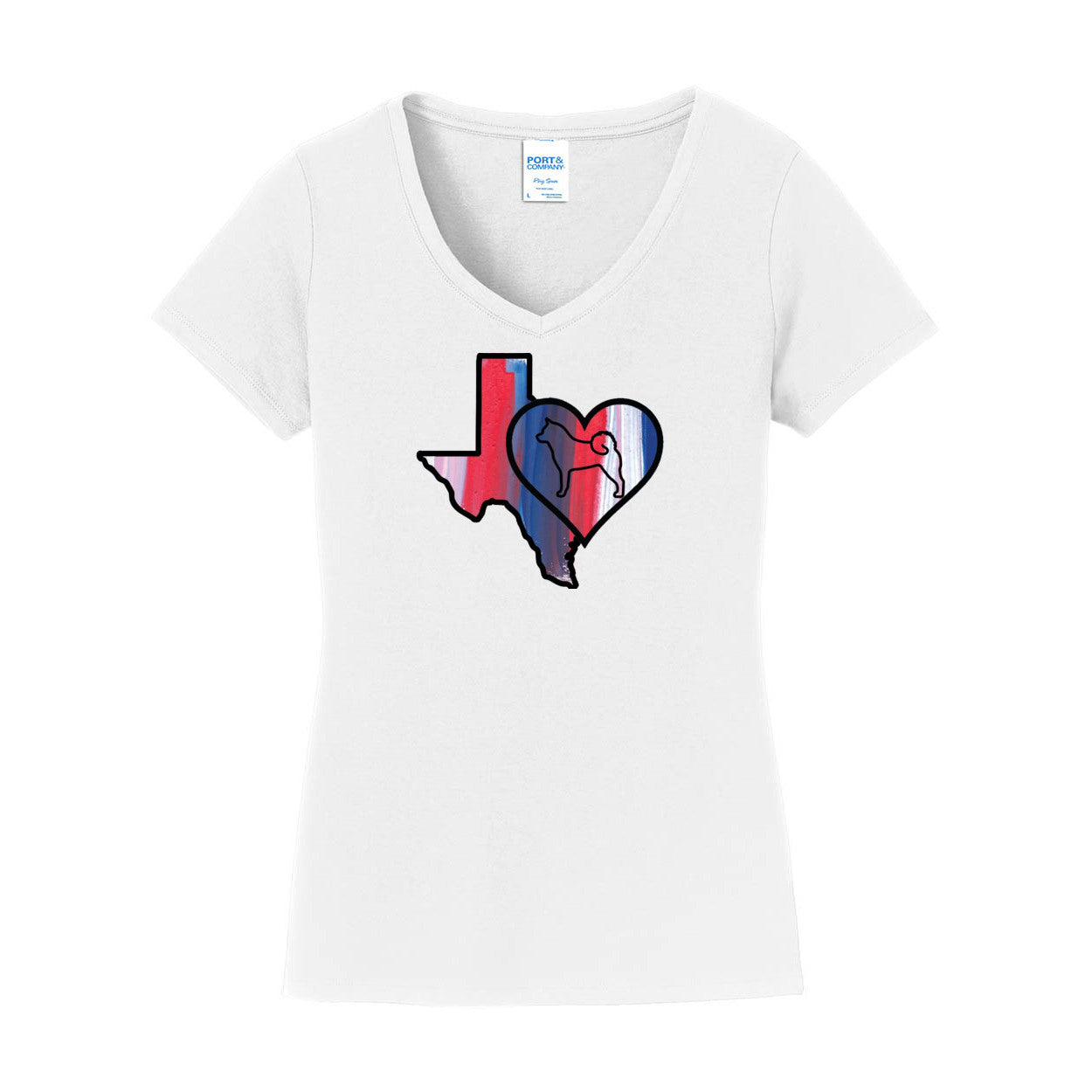 Texas Heart Akita LPC450V Port & Company® Ladies Fan Favorite™ V-Neck Tee - WagALotBowWow