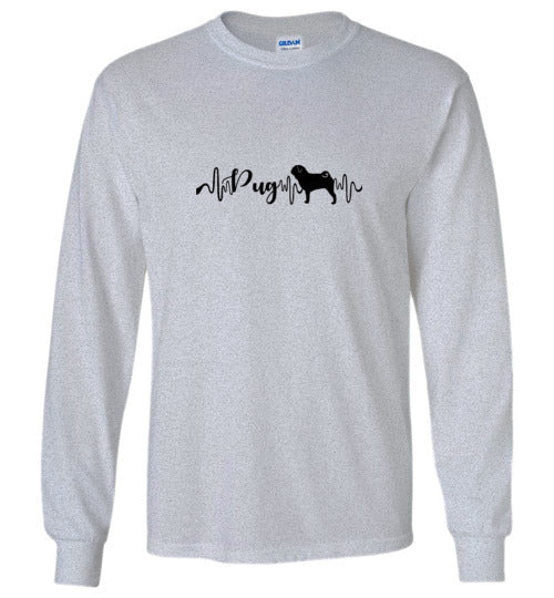 Pug Heartbeat Gildan Unisex Long Sleeve T-Shirt Black - WagALotBowWow