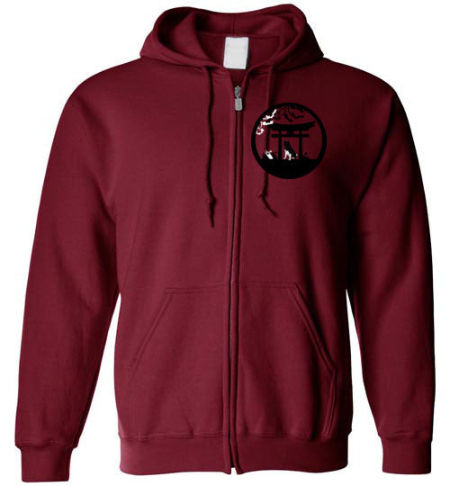 Akita Gate Front Tree Back Gildan Zip Hoodie - WagALotBowWow