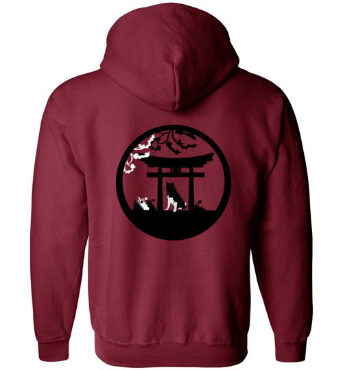 Akita Tree Front Gate Back Gildan Zip Hoodie - WagALotBowWow