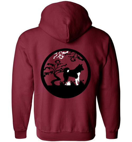 Akita Gate Front Tree Back Gildan Zip Hoodie - WagALotBowWow
