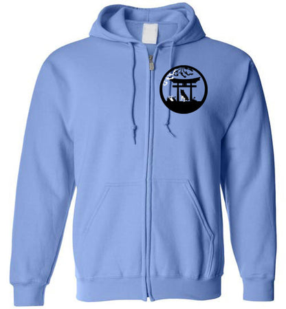 Akita Gate Front Tree Back Gildan Zip Hoodie - WagALotBowWow