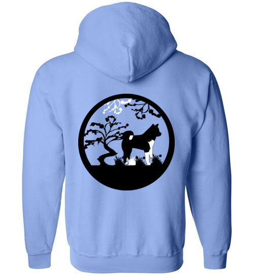 Akita Gate Front Tree Back Gildan Zip Hoodie - WagALotBowWow
