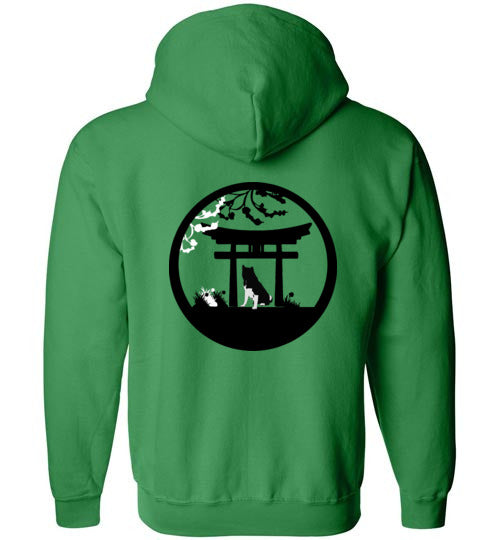 Akita Tree Front Gate Back Gildan Zip Hoodie - WagALotBowWow