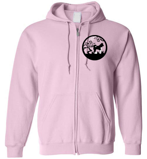 Akita Tree Front Gate Back Gildan Zip Hoodie - WagALotBowWow