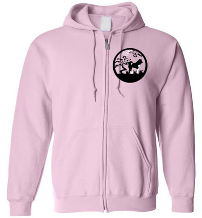 Akita Tree Front Gate Back Gildan Zip Hoodie - WagALotBowWow