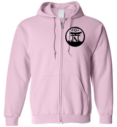 Akita Gate Front Tree Back Gildan Zip Hoodie - WagALotBowWow