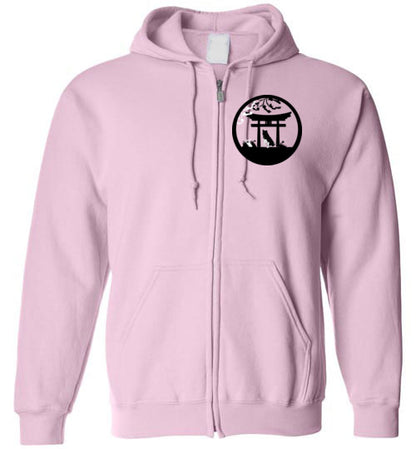 Akita Gate Front Tree Back Gildan Zip Hoodie - WagALotBowWow