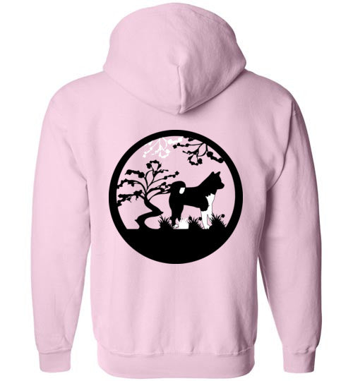Akita Gate Front Tree Back Gildan Zip Hoodie - WagALotBowWow