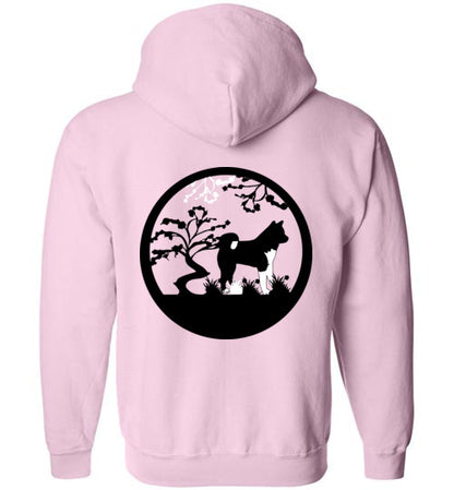 Akita Gate Front Tree Back Gildan Zip Hoodie - WagALotBowWow