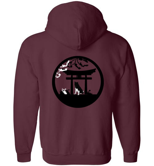 Akita Tree Front Gate Back Gildan Zip Hoodie - WagALotBowWow