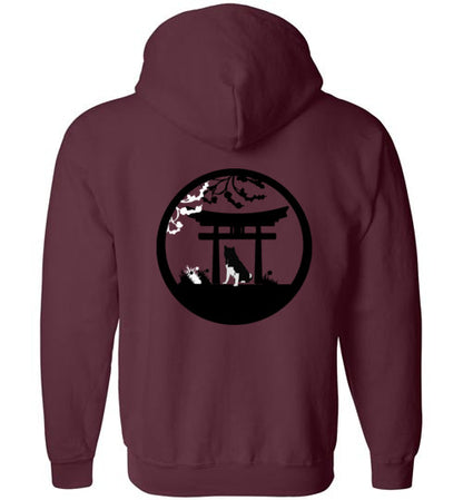 Akita Tree Front Gate Back Gildan Zip Hoodie - WagALotBowWow