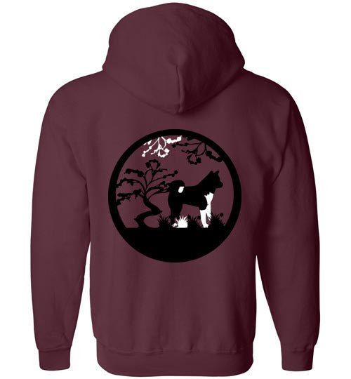 Akita Gate Front Tree Back Gildan Zip Hoodie - WagALotBowWow