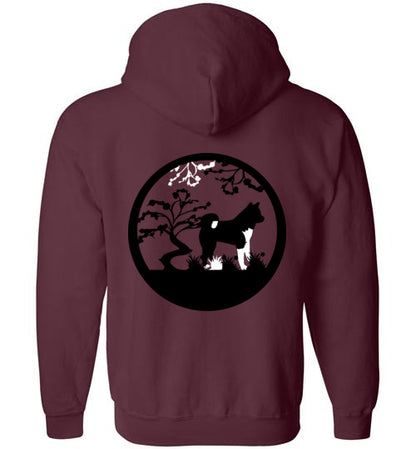 Akita Gate Front Tree Back Gildan Zip Hoodie - WagALotBowWow