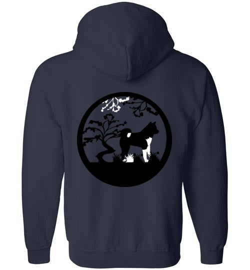 Akita Gate Front Tree Back Gildan Zip Hoodie - WagALotBowWow