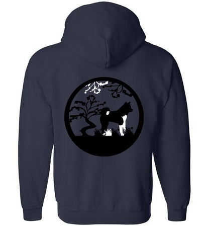 Akita Gate Front Tree Back Gildan Zip Hoodie - WagALotBowWow