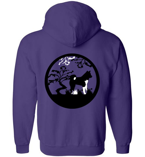 Akita Gate Front Tree Back Gildan Zip Hoodie - WagALotBowWow