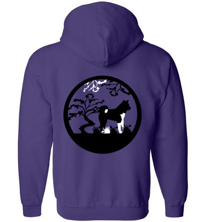 Akita Gate Front Tree Back Gildan Zip Hoodie - WagALotBowWow