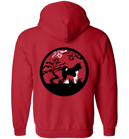 Akita Gate Front Tree Back Gildan Zip Hoodie - WagALotBowWow