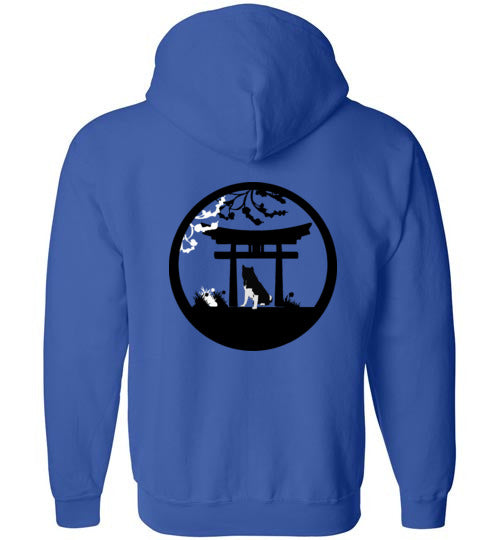 Akita Tree Front Gate Back Gildan Zip Hoodie - WagALotBowWow