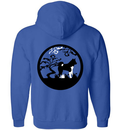 Akita Gate Front Tree Back Gildan Zip Hoodie - WagALotBowWow