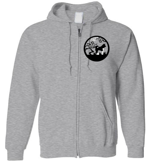 Akita Tree Front Gate Back Gildan Zip Hoodie - WagALotBowWow