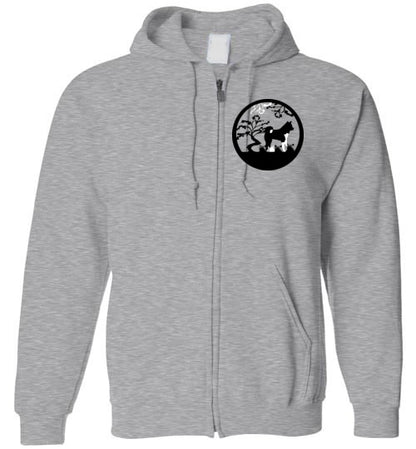 Akita Tree Front Gate Back Gildan Zip Hoodie - WagALotBowWow