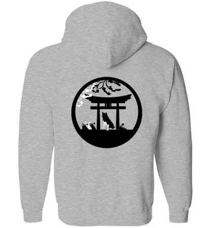 Akita Tree Front Gate Back Gildan Zip Hoodie - WagALotBowWow