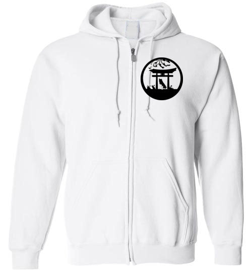 Akita Gate Front Tree Back Gildan Zip Hoodie - WagALotBowWow