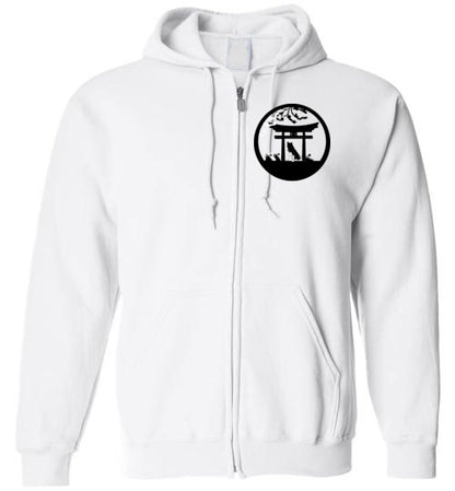 Akita Gate Front Tree Back Gildan Zip Hoodie - WagALotBowWow