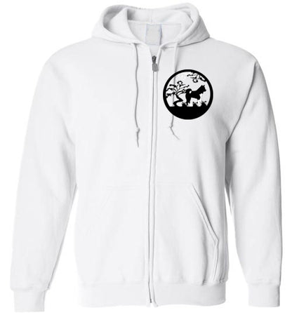 Akita Tree Front Gate Back Gildan Zip Hoodie - WagALotBowWow