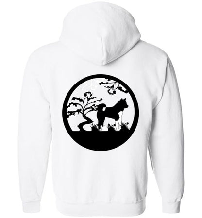 Akita Gate Front Tree Back Gildan Zip Hoodie - WagALotBowWow